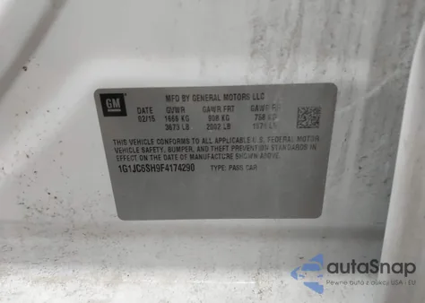 2015 Chevrolet Sonic Lt Auto z USA, uszkodzony, nr VIN 1G1JC6SH9F4174290